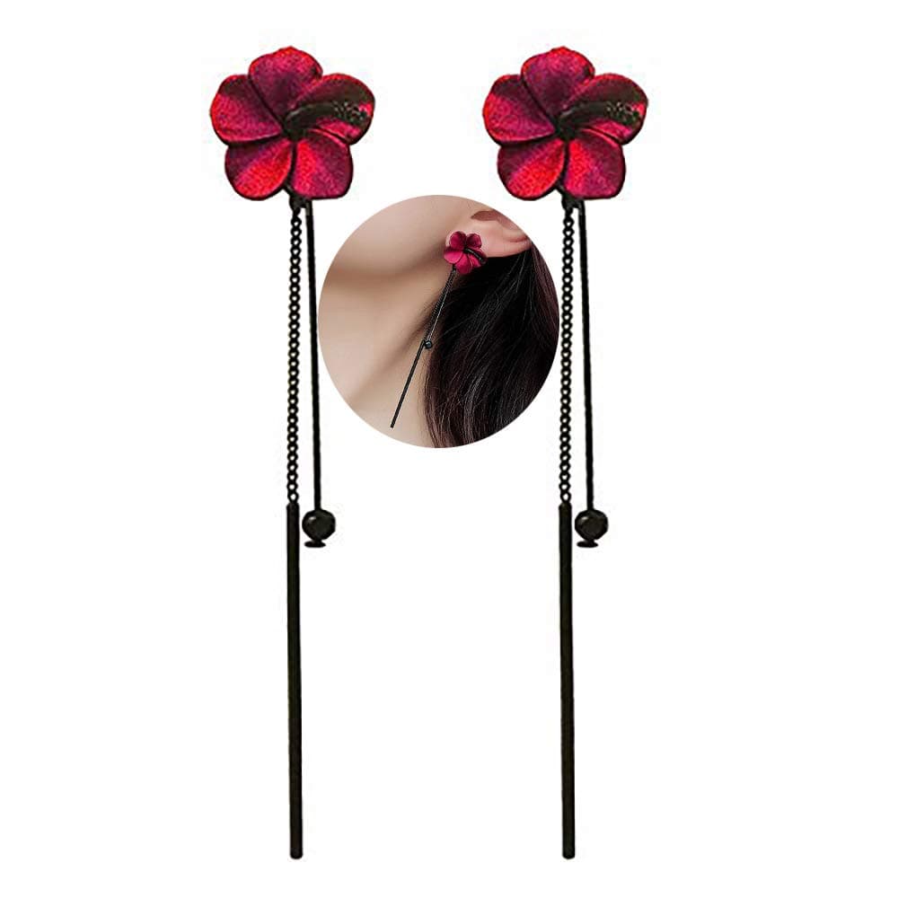 - Trendy Red Green Poppy Flower Black Long Line Bar Tassel Earrings for Women Charm Drop Dangle Earring Jewelry