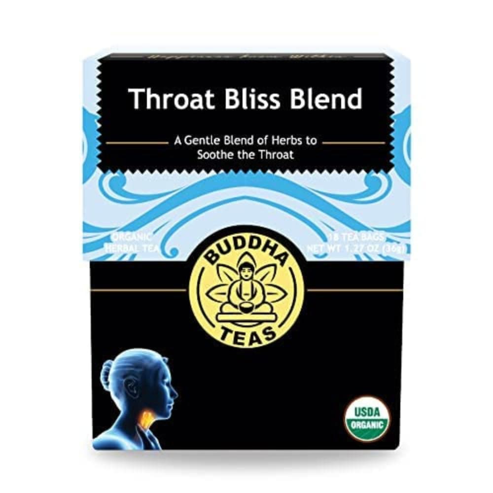 Buddha Teas - Organic Throat Bliss Blend - Herbal Tea - For Health & Wellbeing - With Antioxidants & Minerals - Clean Ingredients - Caffeine Free - OU Kosher & Non-GMO - 18 Tea Bags (Pack of 1)