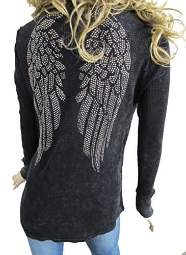 Cranberry Palace Vocal Black Broken Angel Wings Stones 15261 Mineral Wash Thermal Shirt Top Plus