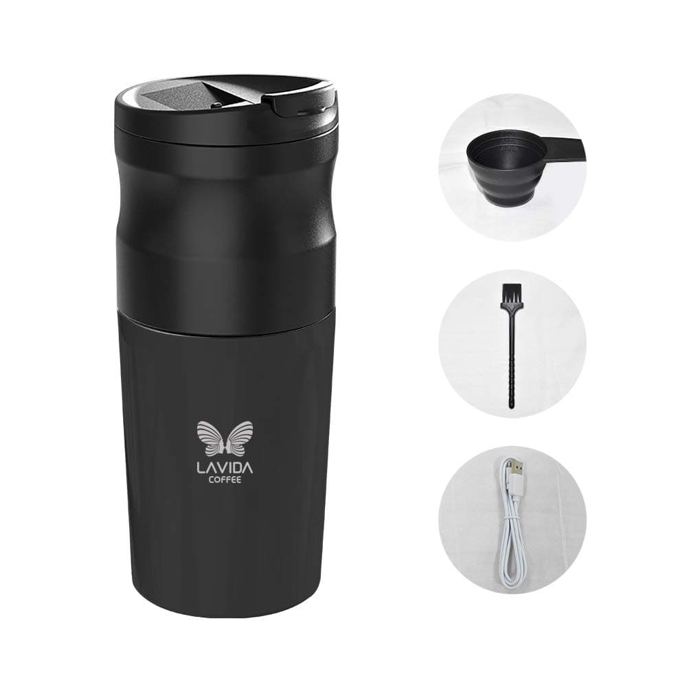 DobuyMallAll-in-One Portable Coffee Maker, Ceramic Coffee Grinder, 14oz Coffee Travel Mug, and Pour Over Coffee Espresso Dripper, Great for the Office or Camping - JD521 (Black)