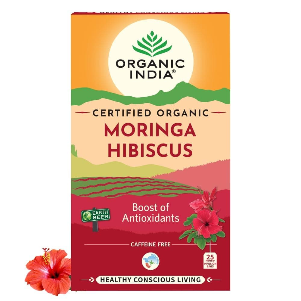 Organic India Moringa Hibiscus - Boost of Antioxidants - Natural Iron & Vitamin C - Caffeine Free - 25 tea bag x 2 g