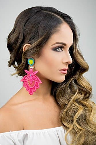 Pink Lace Earrings, Neon Earrings, Lace Jewelry, Chandelier Earrings, Big Earrings, Funky Jewelry, Trendy Earrings, Colorful Earrings