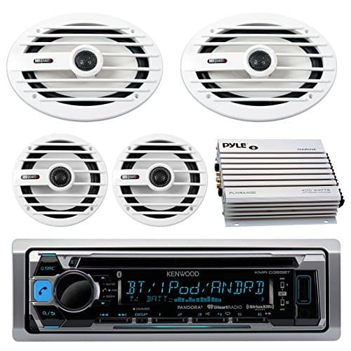 Kenwood KMRD365BT MP3/USB/AUX Marine Boat CD Player Receiver Bundle Combo with 2X MB-Quart NKF116 6.5 Inch 200W Coaxial Speakers + 2X NKF692 6x9 260W White Speakers + 400-Watt 4-Channel Amplifier