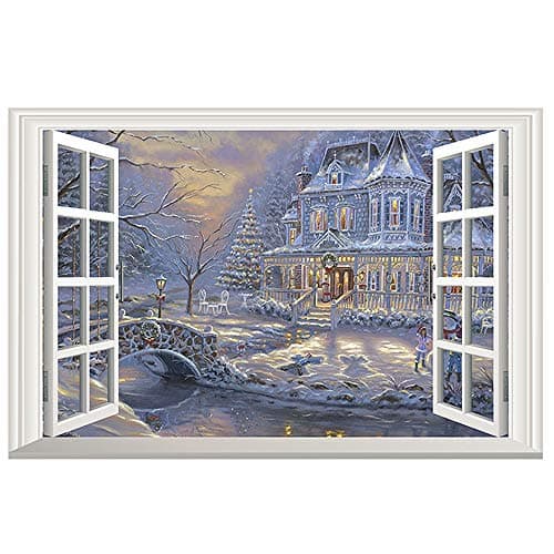 DNVEN Merry Christmas Wall Decals 3D Christmas Winter Castle Snowing False Faux Window Mural High Definition Vinyl Bedroom Living Room Playroom Stickers 23 inches x 15 inches