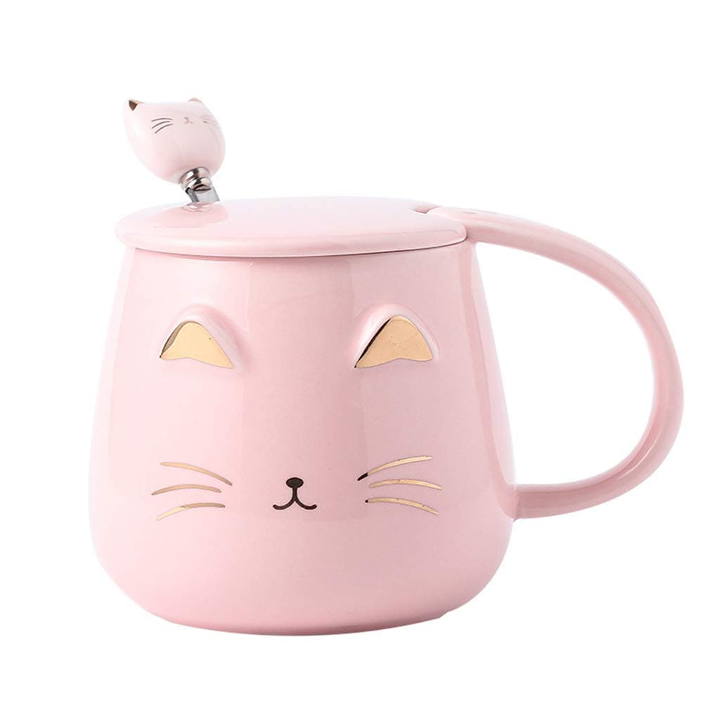 Pink Cat Mug, Cute Kitty Ceramic Coffee Mug with Stainless Steel Spoon, Novelty Coffee Mug Cup for Cat Lovers Women Girls