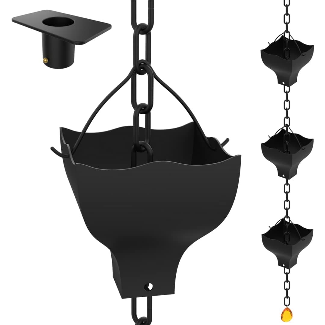 Metal Rain Chains for Gutters - 8.75 Feet - Installation Kit Included - Rain Gutter Downspout Extension - Rain Water Catching System - Decorative Jewel Located at The Rain Chain Basin (Black)