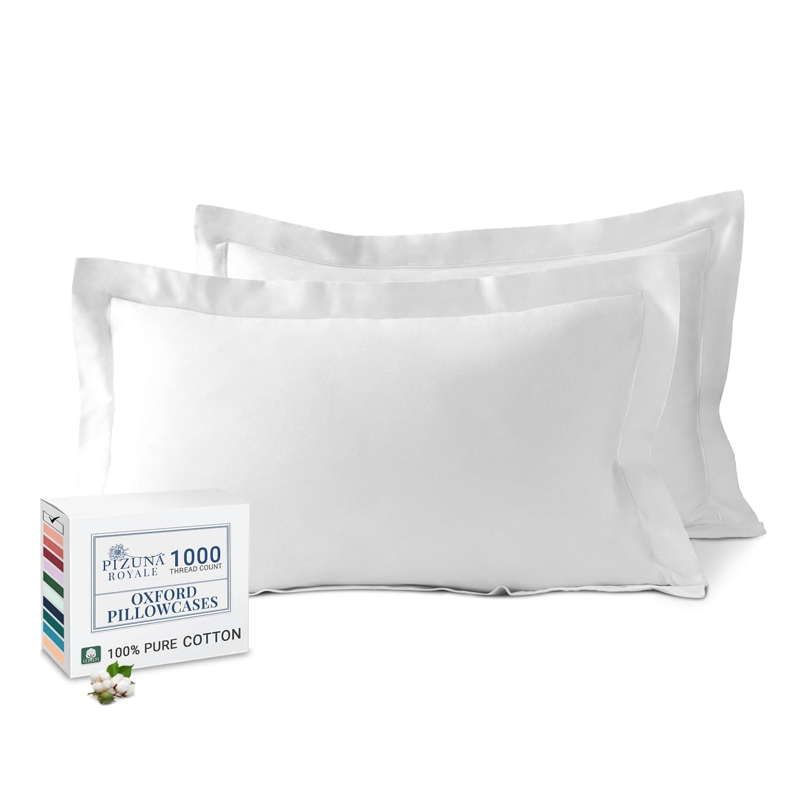 Pizuna Royale 100% Cotton Standard Pillow Cases 50x75 cm White, 1000 Thread Count Thick Luxury Long Staple Cotton Sateen Weave Pillowcase With 5cm Hem (Luxury Pillowcase White - 2 PC)