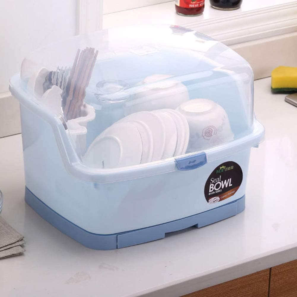 MEVIDA Dish Drainer with Drain Board and Lid Cover,Plastic Dish Drying Rack with Utensil Holder Kitchen Large Organizer for Plates Cups Bowls-Blue 37.5x31x26.5cm(15x12x10inch)