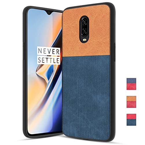 OnePlus 6T Case with Dual Layer Shockproof Half PC Back & TPU Soft Jeans Lines Full-Body Protective Armor Scrape Proof Heavy Duty case, Orange+Blue