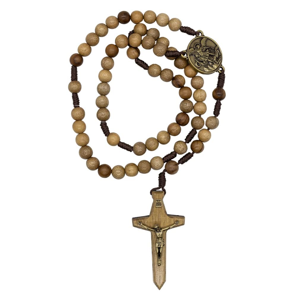Wooden Saint Michael the Archangel Rosary on Cord | 10mm Wood Hail Mary Beads | Cross with Bronze-Tone Corpus | Great Catholic Gift for First Communion, Confirmation, Ordination, and Weddings