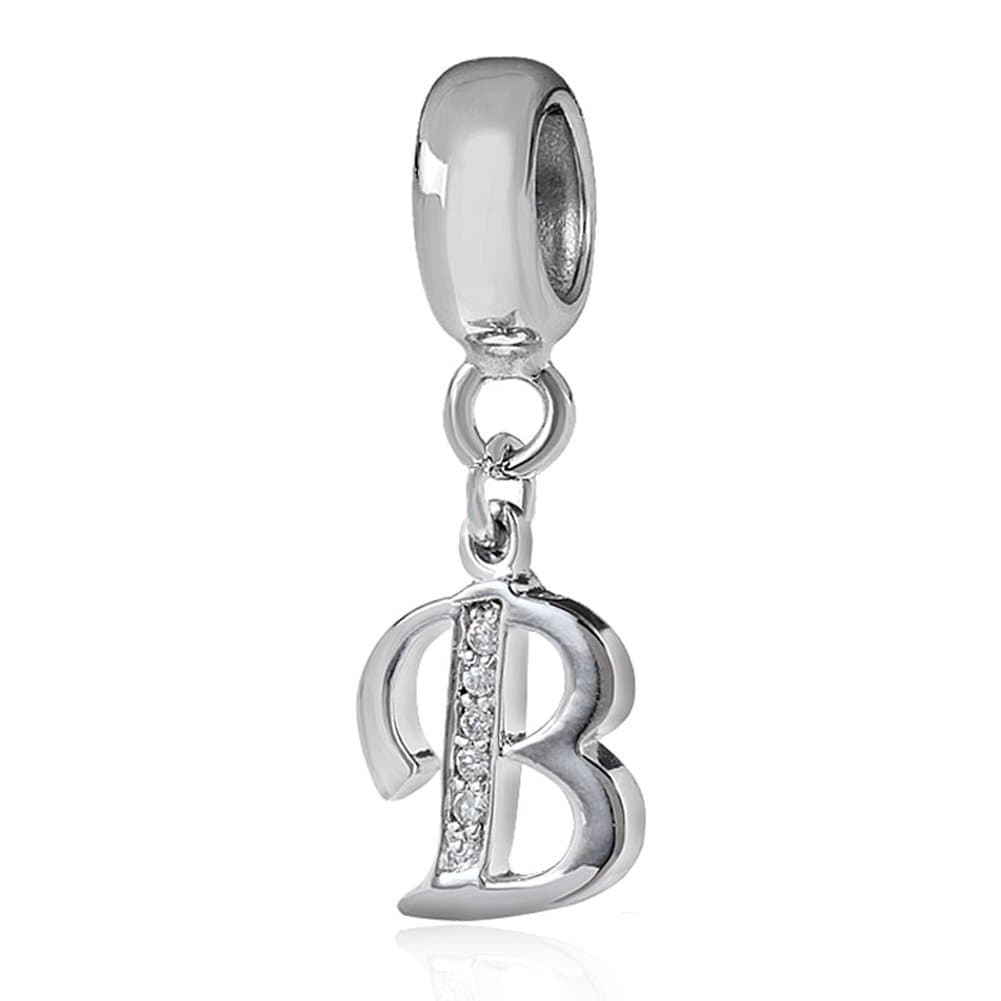 SambaahAlphabet Charm Letter Beads Solid 925 Sterling Silver with Cubic Stones, Complete A~Z Gift Options fit Pandora European Bracelets(B)