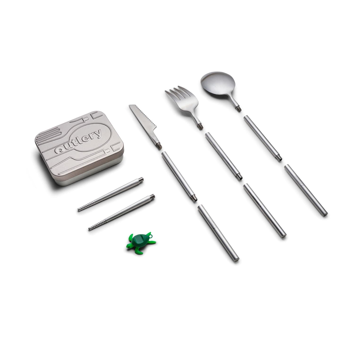 Outlery Portable and Reusable Stainless Steel Travel Cutlery Set with Collapsible Chopsticks - Compact Pocket-Sized Travel Cutlery for Camping, Backpacking - Durable Travel Silverware (Raw Silver)