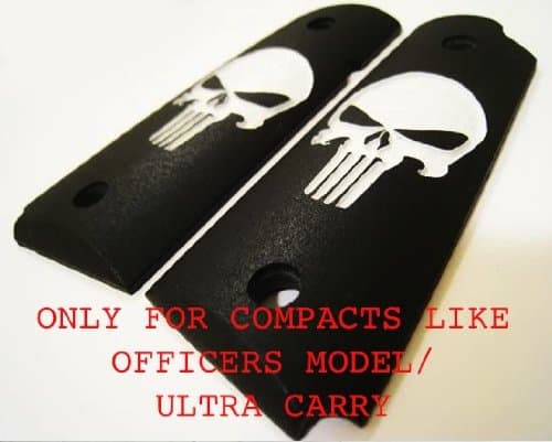 Custom OFFICERS/COMPACT "Punizher Skull" Gritty High-Impact Polymer 1911 Grips in White on Black