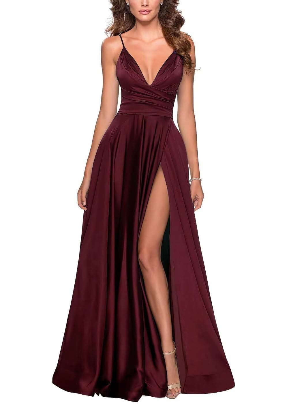 OUYAMEIV-Neck Satin Bridesmaid Dresses with Side Slit Spaghetti Strap Formal Evening Gowns Pleated Ball Gowns Prom Dress