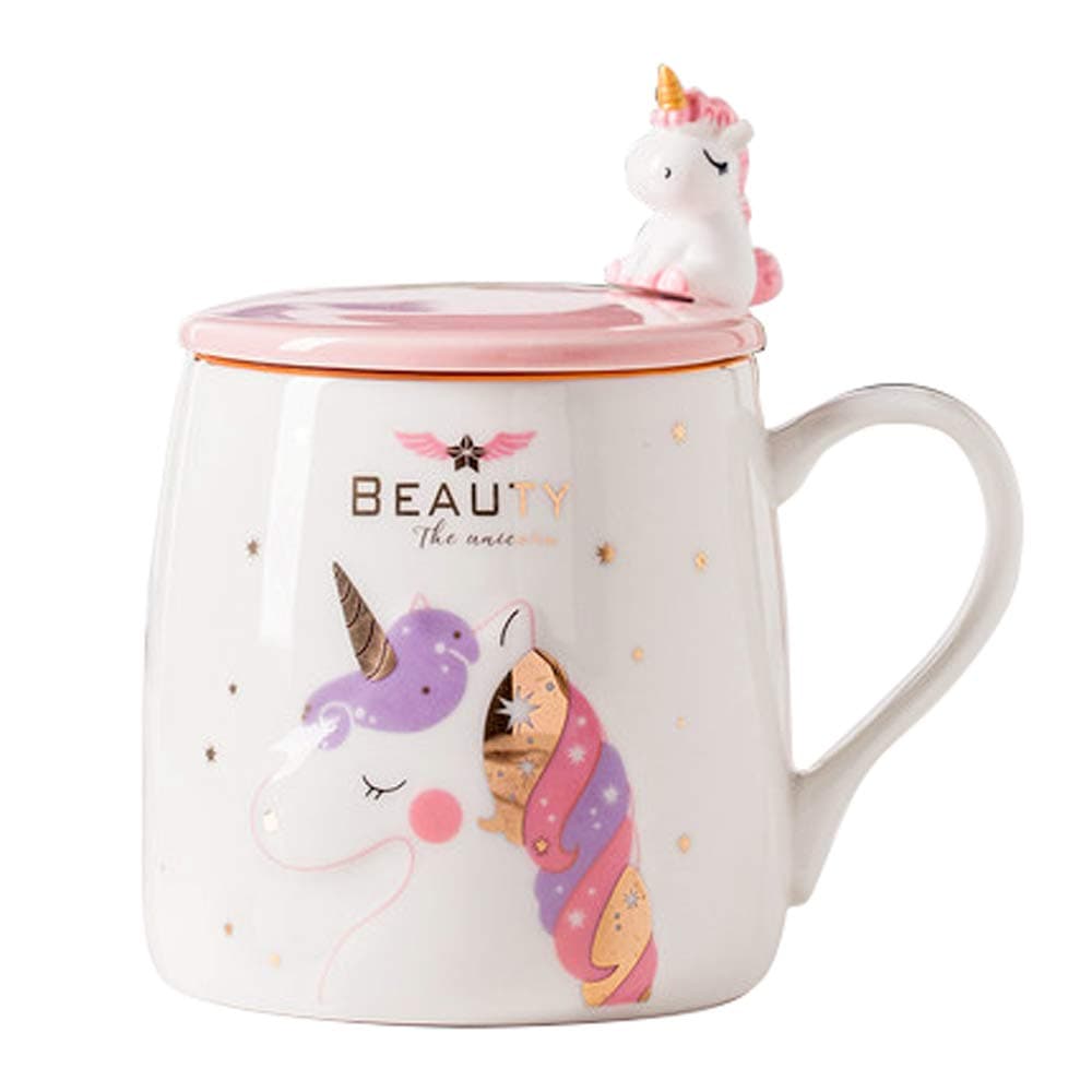 Cute Ceramic Coffee Mug with Unicorn Spoon, Morning Cup Novelty Tea Milk Christmas Mug Gift for Unicorn Lovers Girls 380ML (Pink)
