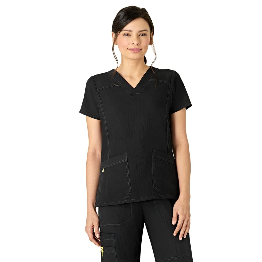 WonderWink 6214ABLKSM Four-Stretch Women's V-Neck Top, Black, Standard-S Size