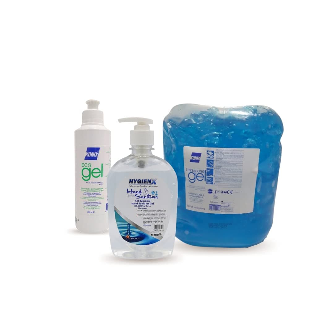 Konix Ultrasound Gel 5L, 1 bottle of Konix ECG Gel 250ml and HygienX Hand Sanitizer 500ml Bundle