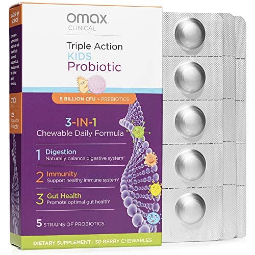 Omax Daily Kids Probiotic and Prebiotic | Berry Blast Chewable for Digestive Support and Immune Support | 5 Billion CFU | 5 Strains, Vegan Smart, Gluten Free | 30 Count