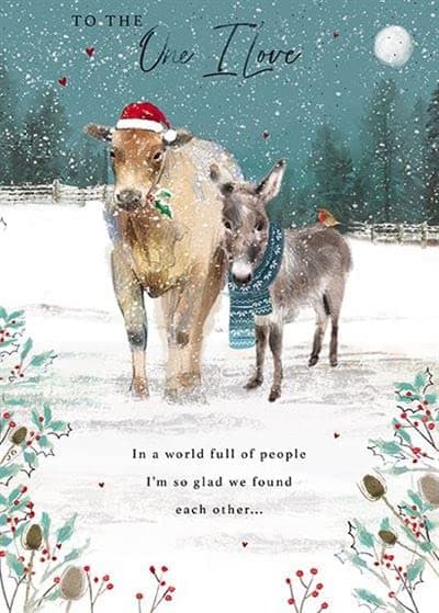 Paper House Artistic Christmas Greeting Card - One I Love - Festive Cow and Donkey - Charming Illustration Finished With Silver Foil - From The Great British Card Company