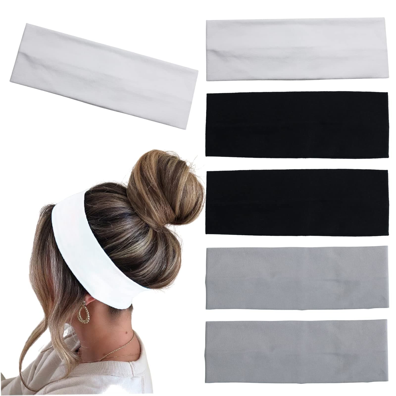 6 Pcs Headbands for Women Hair Cotton Headband Non-slip Stretchy Elastic Head Wrap Holder Hair Accessories Black White Grey Color