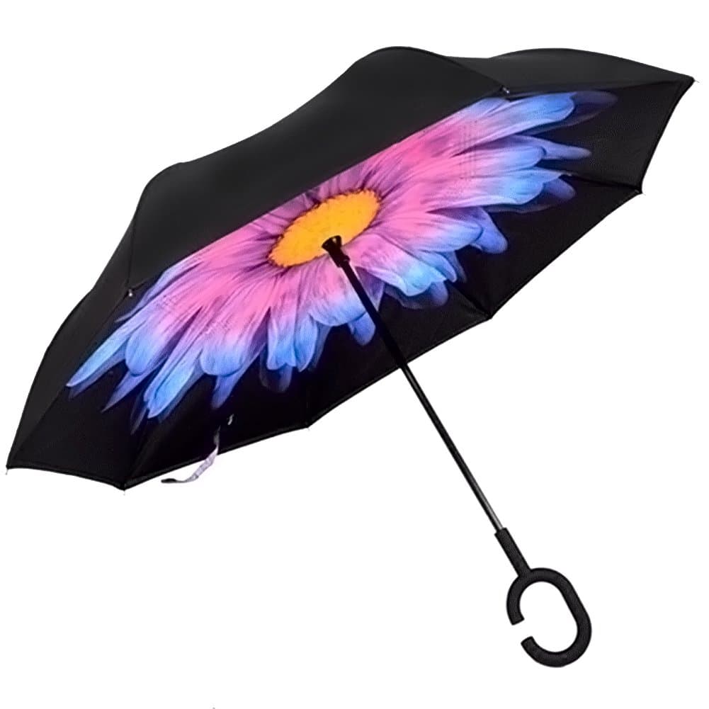 Windproof Umbrella Reverse Folding Double Layer Self-standing Umbrella with C-shaped Hand Free Handle for Travel and Car (GS-UKUM-Purpleflower)