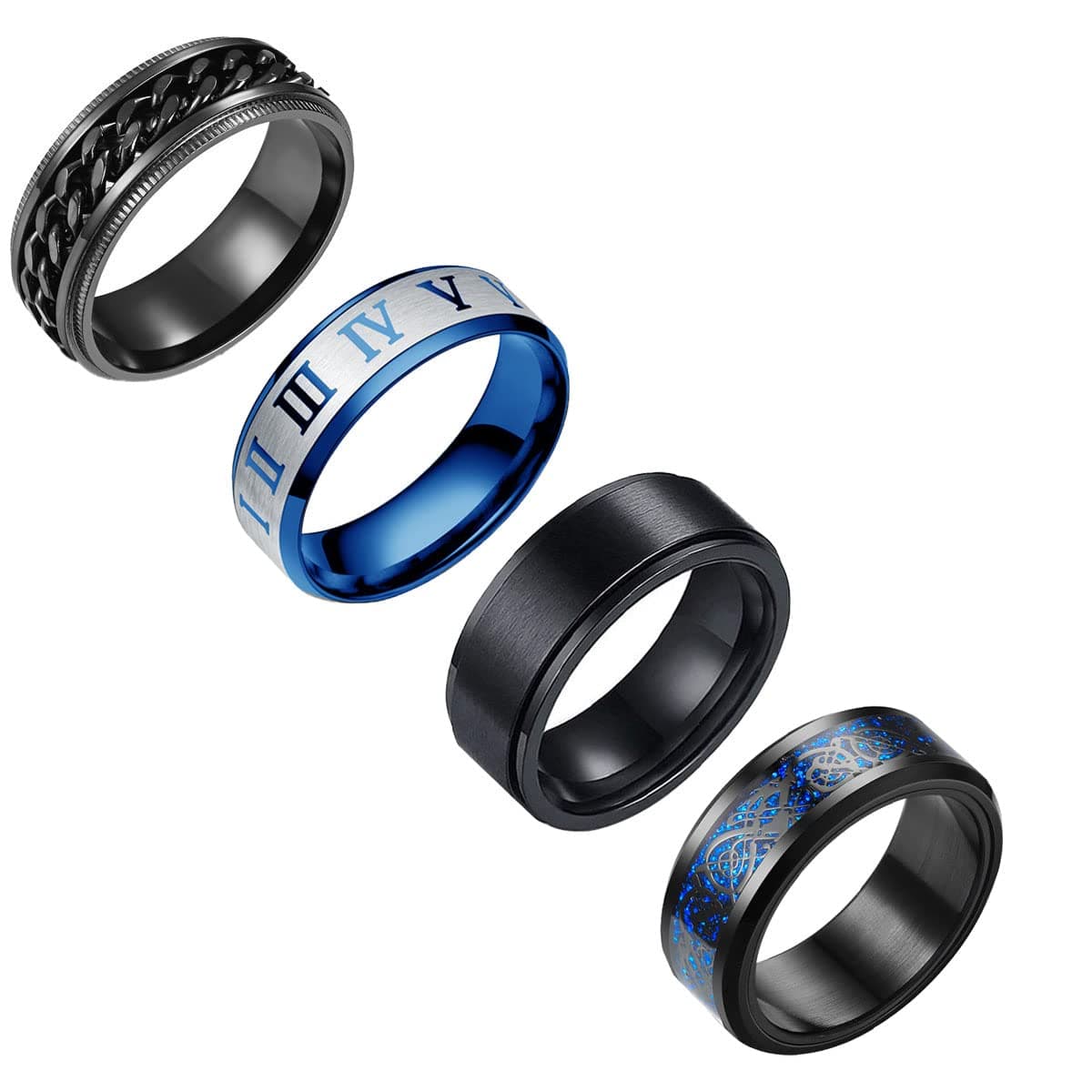 yfstyle 4PCS Plain Band Rings for Men Stainless Steel Rings for Men Wedding Ring Cool Spinner Rings for Men Black Stainless Steel Ring Set Anxiety Ring Fidget Size 6-12