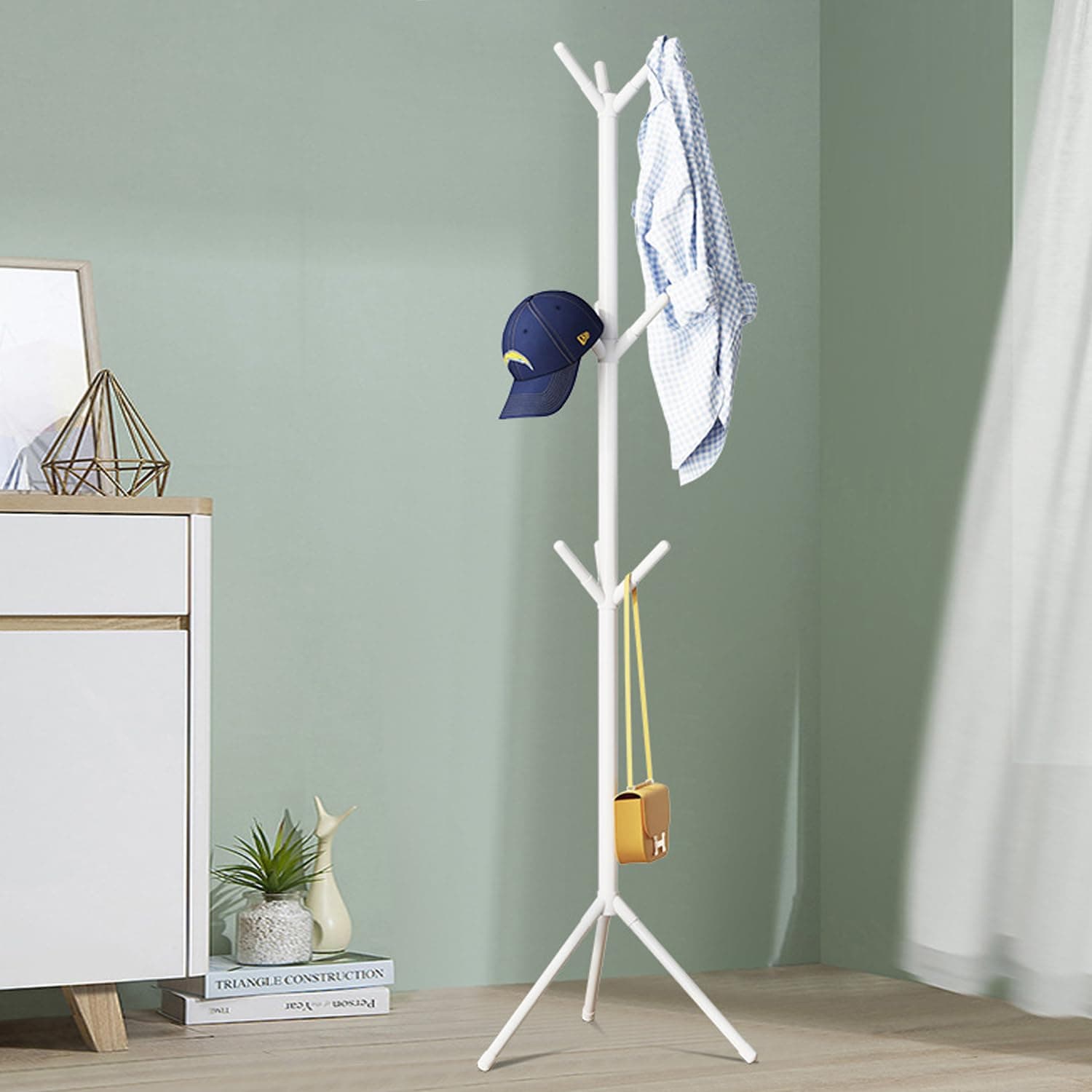 LEOPAX Metal 9 Hook Coat Hanger Stand for Hanging Clothes, Hats, Bag, Umbrella, Towels |Tree Standing Clothes Stand|Garment Rack, Modern Coat Stand for Home - White, 450 x 450 x 1680 mm