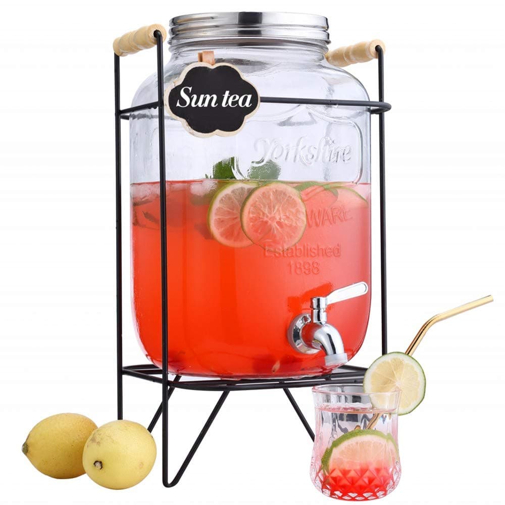 Beverage Dispenser 2 Gallon,Clear Glass Drink Dispenser with Stainless Steel Spigot,drink dispenser with stand,Mason Jar drink dispenser