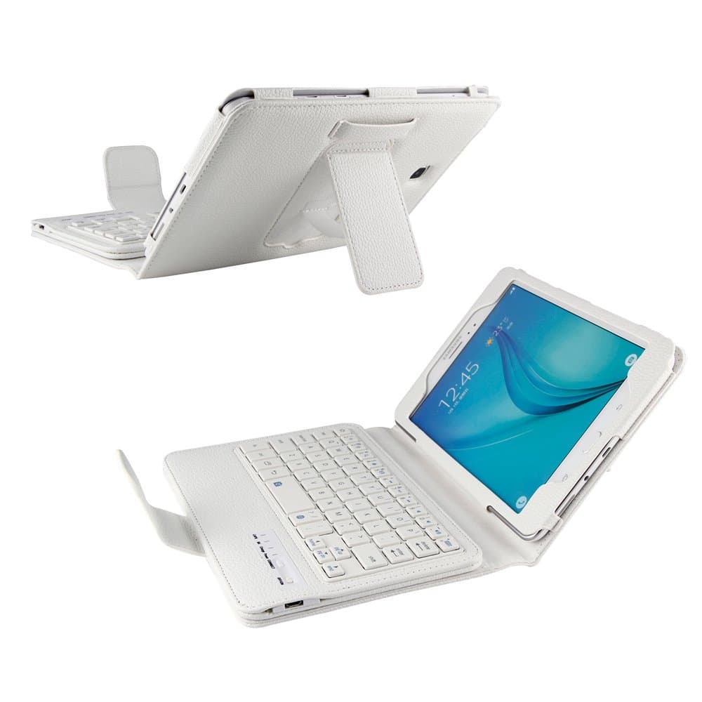 Samsung Galaxy Tab A 8.0 SM-T350 Tablet Keyboard Leather Case, Premium Folio PU Case Wireless Bluetooth Built-in Stand Removable Keyboard Case Cover with Auto Sleep/Wake T350 (White)