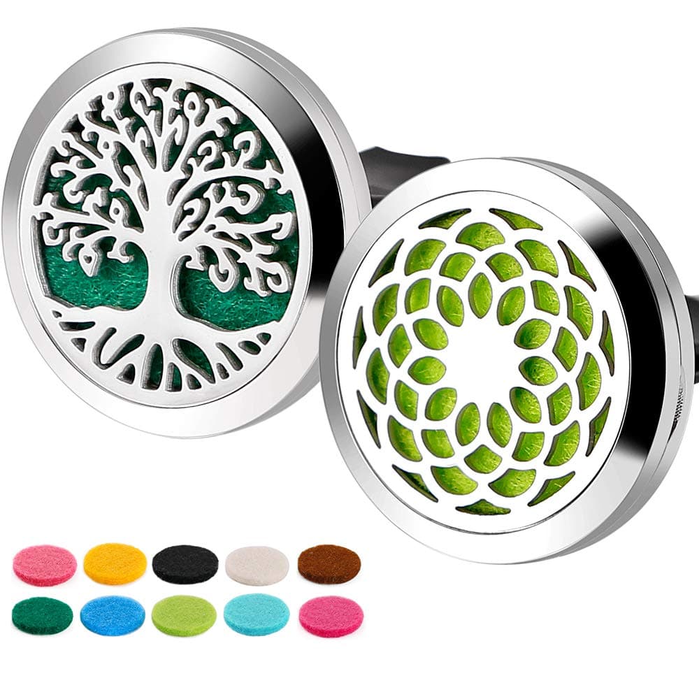 Maromalife Car Diffuser Vent Clip Aromatherapy Car Diffuser Clips Essential Oil Stainless Steel Locket Sunflower and Tree (2 Pack Set)