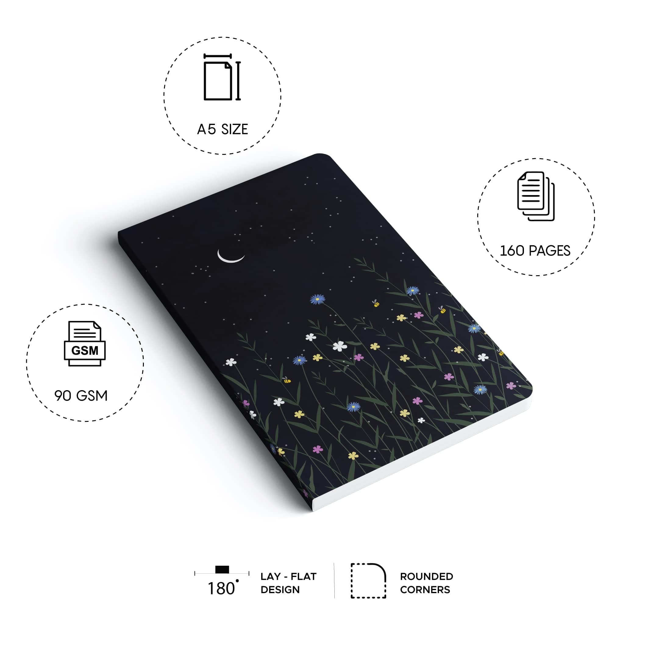 Factor Notes 160-Pages 90 GSM Ruled Notebook, A5 Size, Black