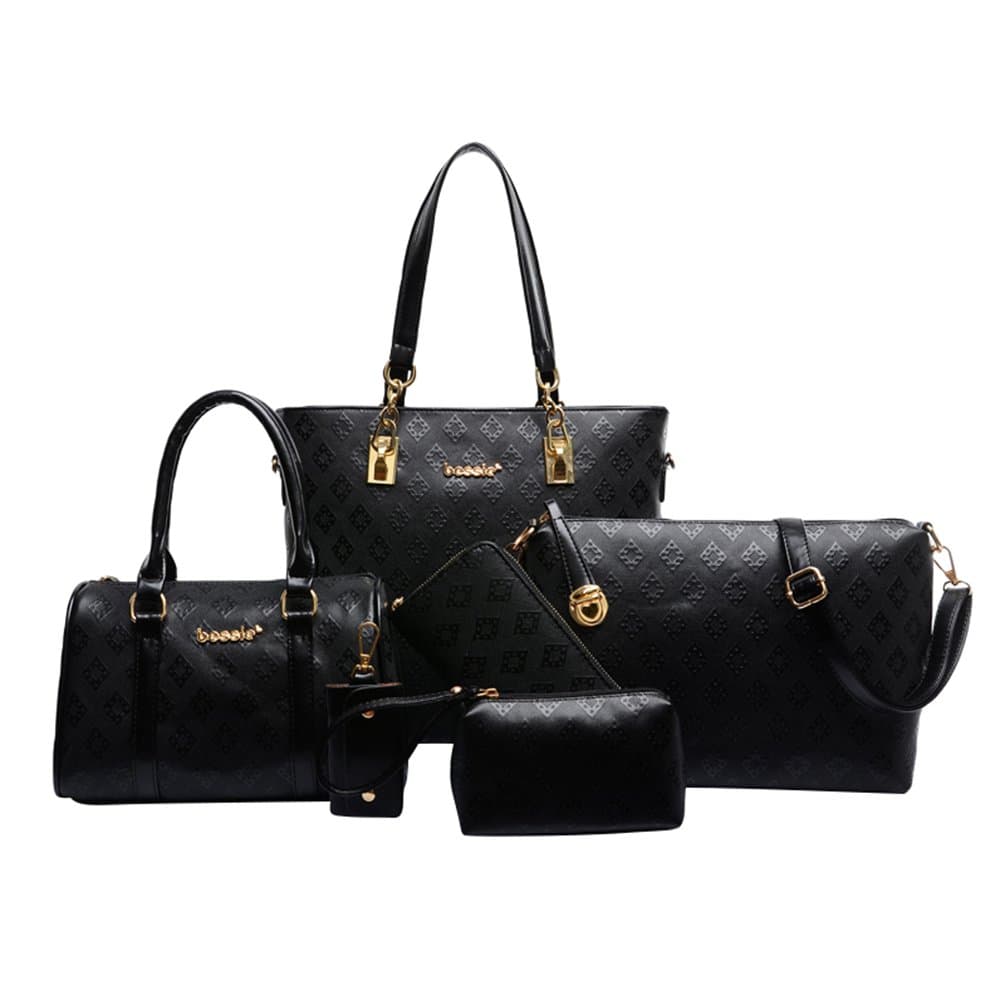 Kairuun Women Handbag Nylon Waterproof Tote Clutch Purse Key chain 6 Piece Set Bag Solid Color