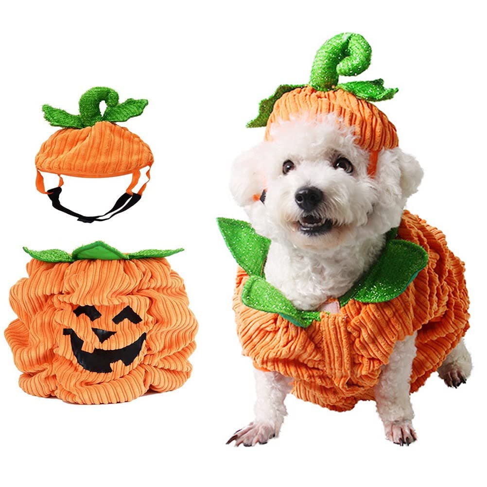 Halloween Pumpkin Dog Costume, Dog Cat Warm Costume Outfit Halloween Pet Cosplay Clothes with Pumpkin Hat for Small Medium Dogs Cats ("M" Size)