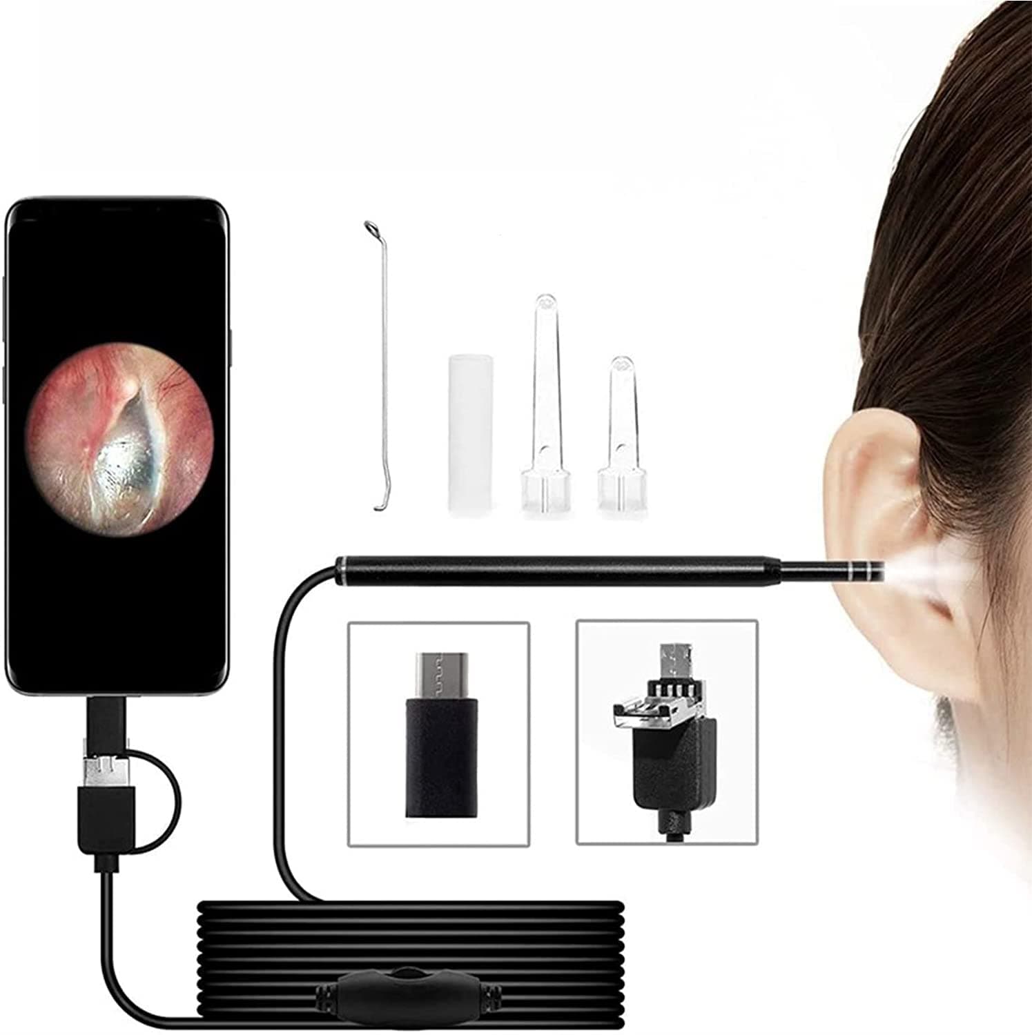 Rhyhorn WiFi Otoscope Ear Wax Removal Kit- 5.5 mm HD Visual Ear Camera with 6 LED Light Storage Box, Wireless Scope Endoscope with Wax Remover Tool