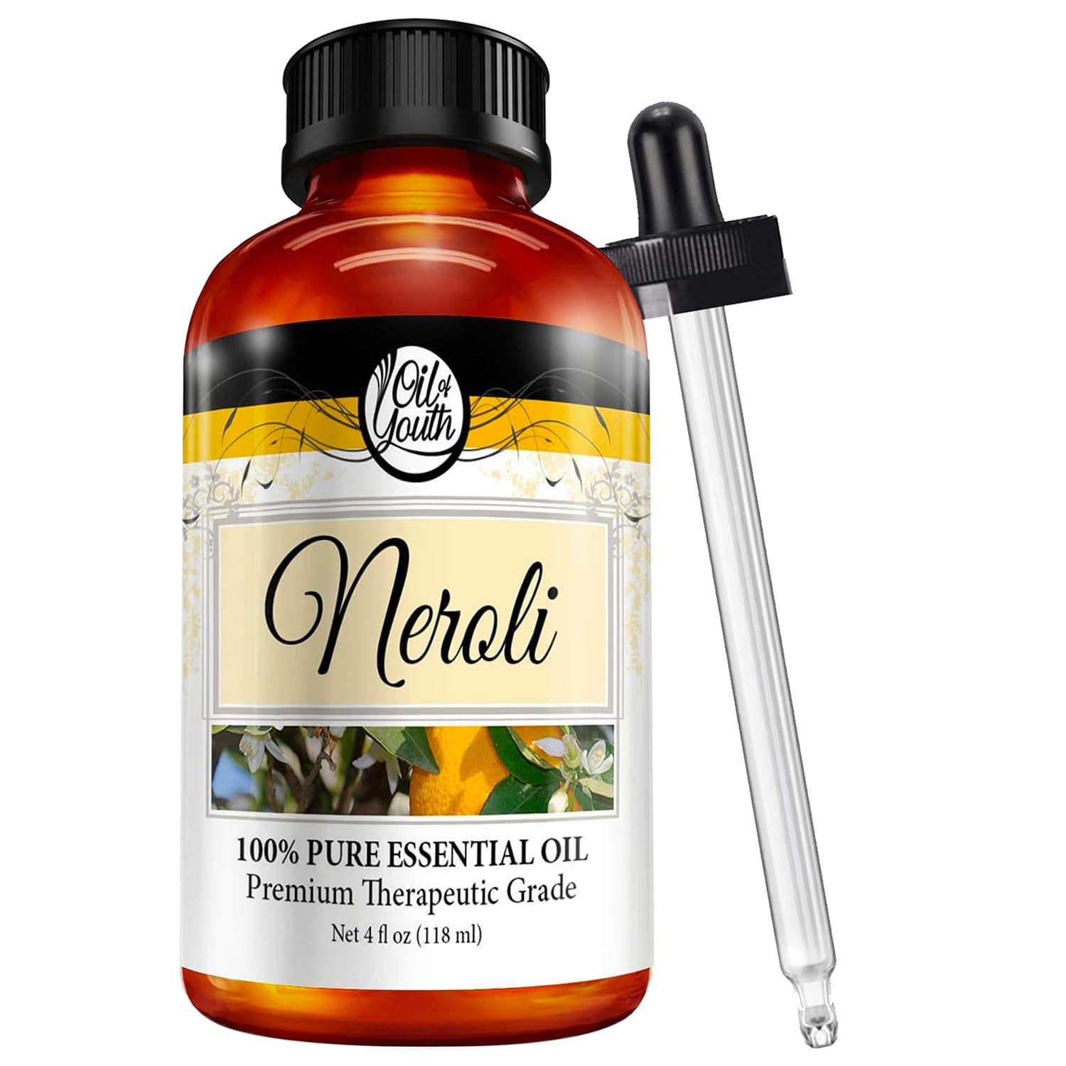 Oil of Youth Neroli Essential Oil Therapeutic Grade 4 fl oz with Dropper for Aromatherapy, Diffuser, Massage, Perfume, and Relaxation