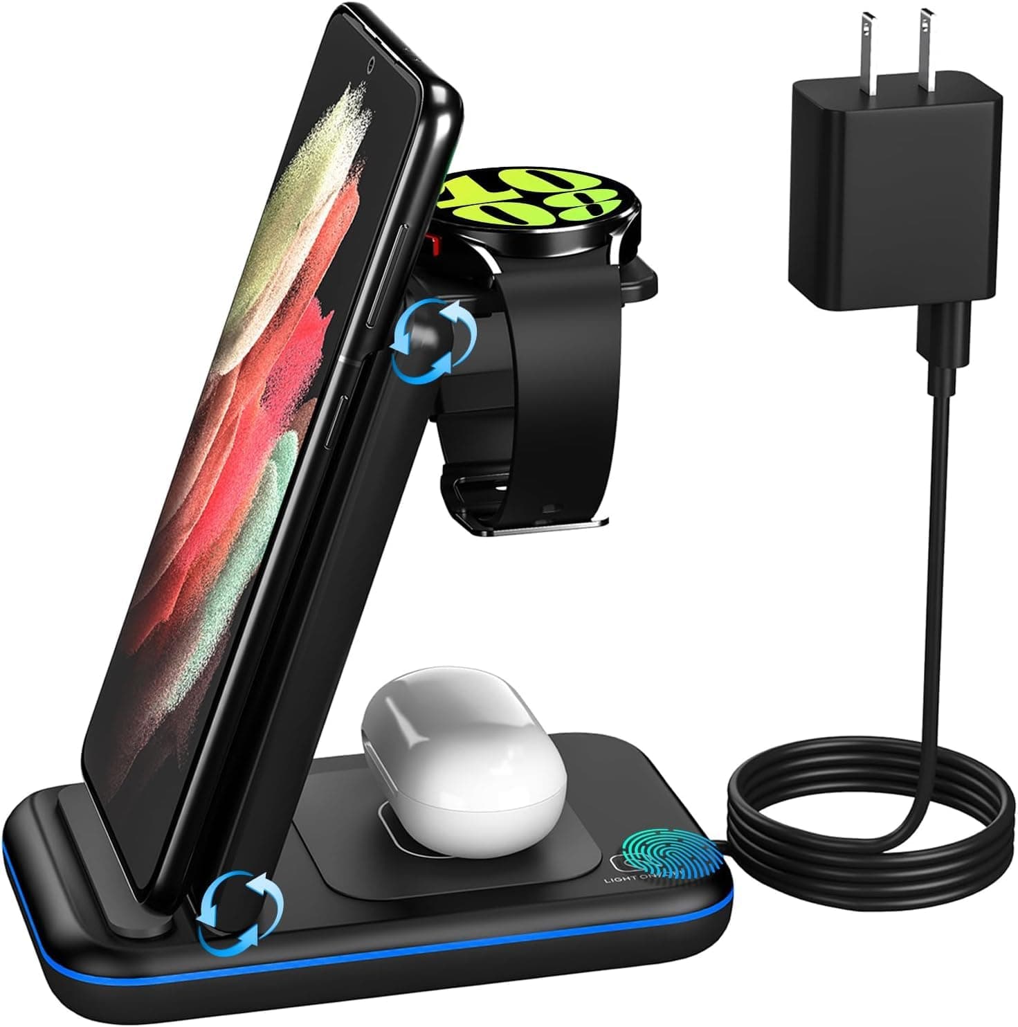 Wireless Charger for Samsung/Android, HOLYJOY Foldable 3 in 1 Fast Charging Station/Stand/Multi Charger for Samsung S25 Ultra/S24/Note 20, Travel Pad for Galaxy Watch 8/7/6/5/Active 2, For Buds(Black)