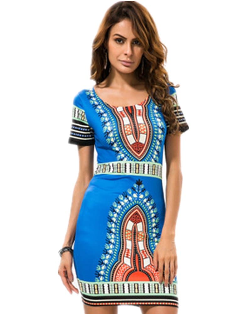 Women Bohemian V Neck Vintage Printed Ethnic Style Summer Shift Dress (m, Blue)