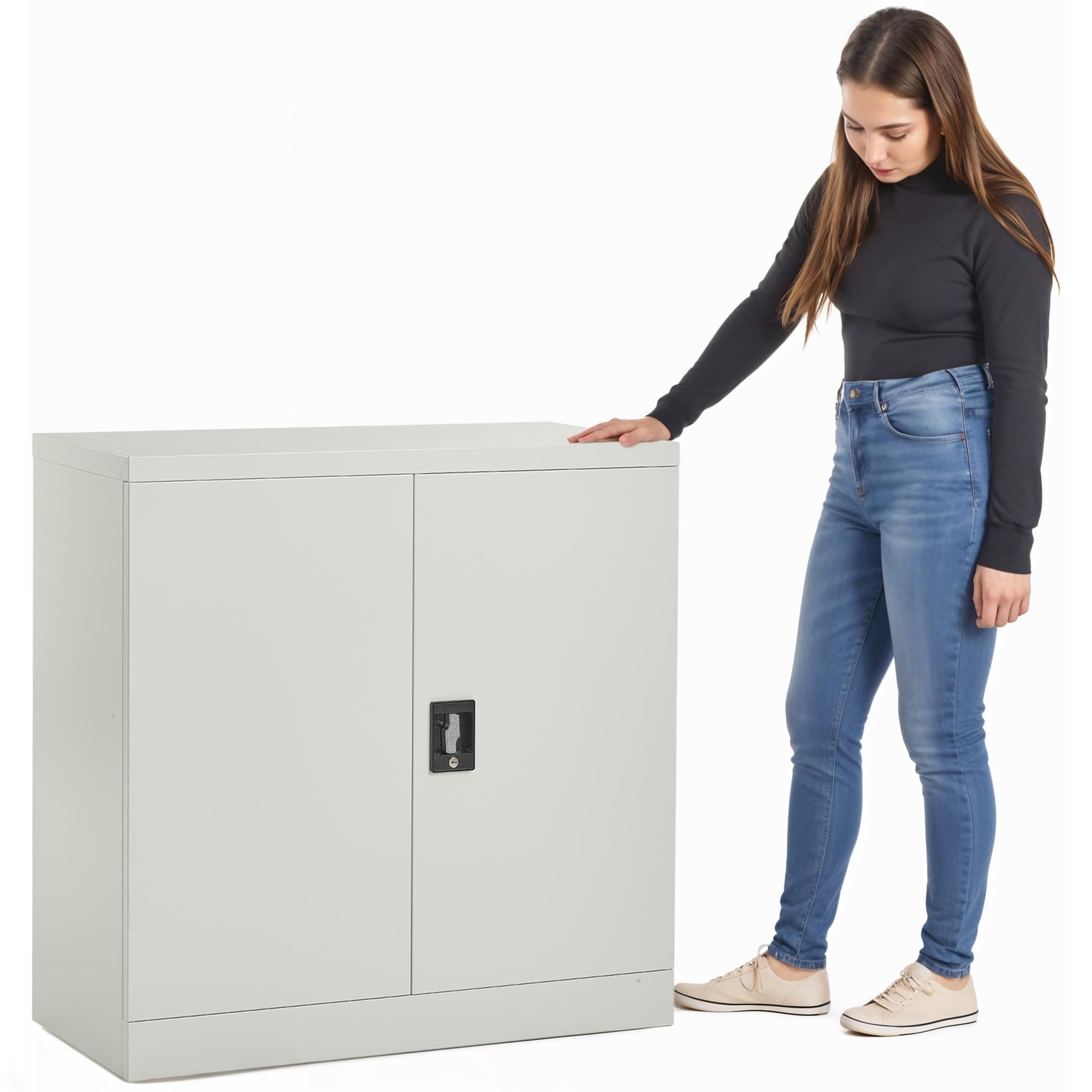 MMT Office Storage Cabinet, Metal Office Storage Cupboard with Lock, 2 Door Filing Cabinet 2 Adjustable Shelf, Garage, Workshop, Pantry Utility Cupboard, Powder Coated Grey, 80cm Wide