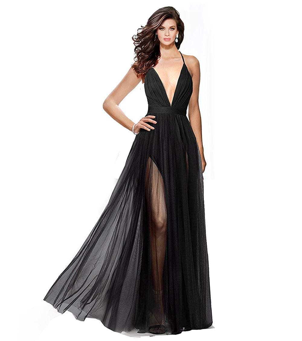 Alluring deep v-Neckline Spaghetti Straps Criss-Cross Open Back Tulle Dual Front Slits Evening Prom Formal Dress