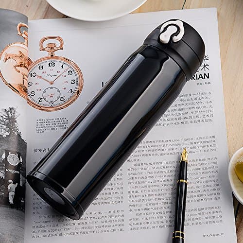 Vacuum Cup Portable Double Wall Vacuum Insulated Stainless Steel Water Bottle With One Touch Lock 17.6oz (Black)