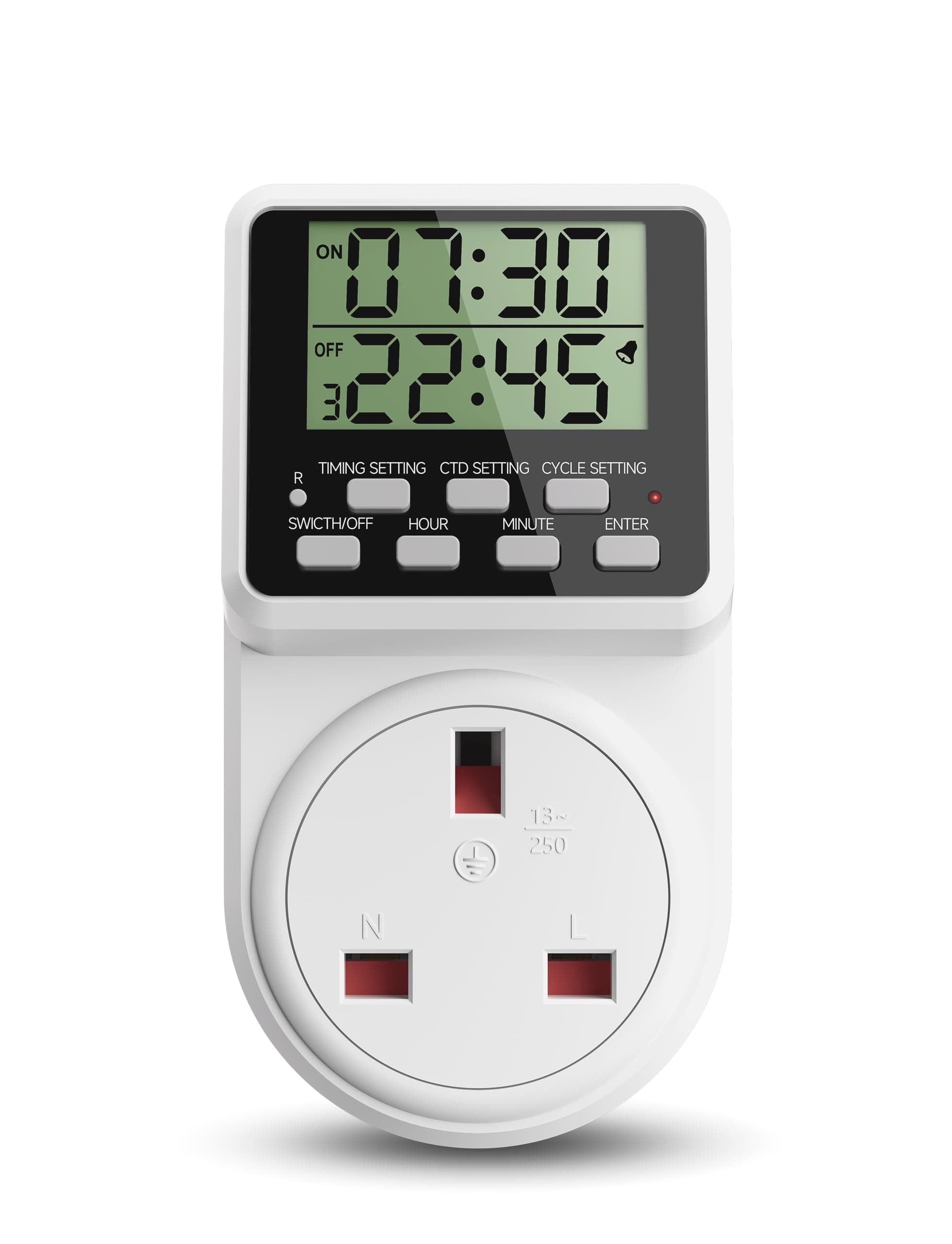 24 Hour Digital Electric Timer Plug Socket UK with Countdown and On-Off Repeat Cycle Timer for Lights and Home Appliances, 13A / 240V