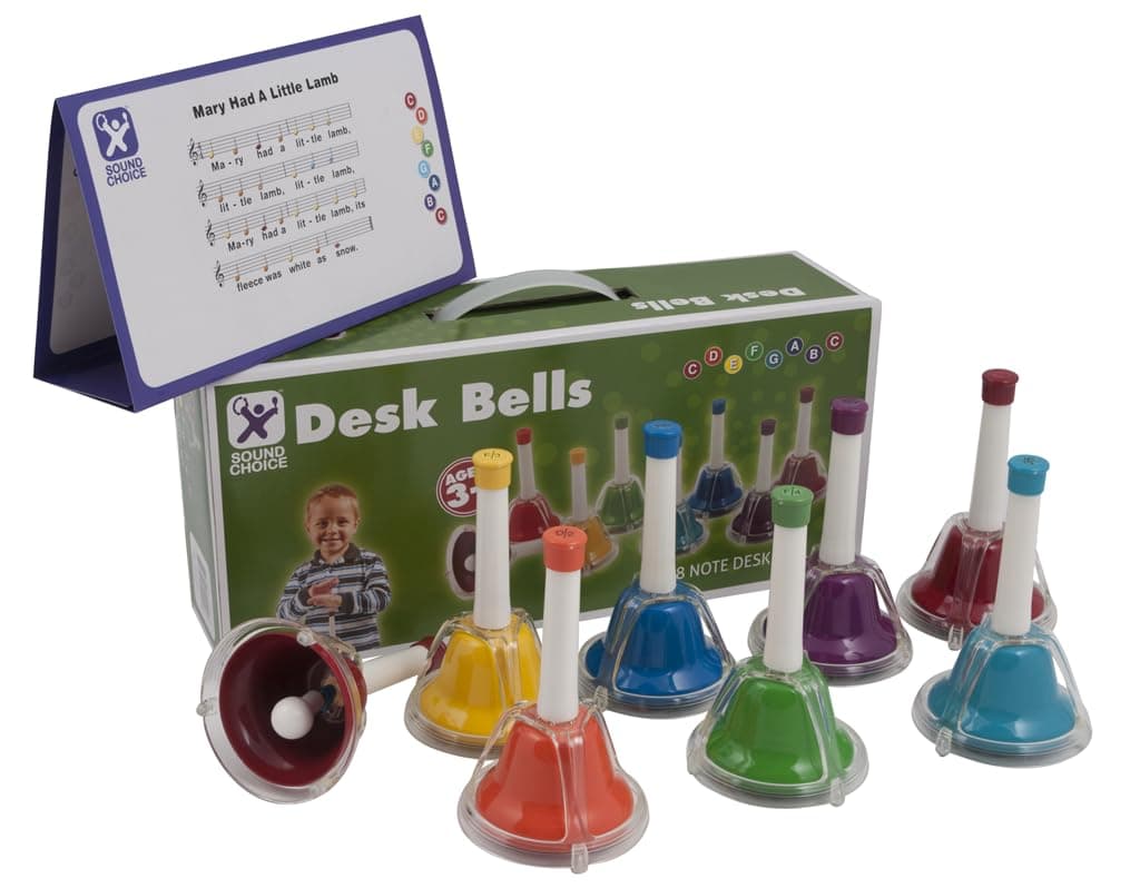 HB9201 8-Note Diatonic Set: Handbell & Deskbell Combo - Push-Button & Hand Ringing Features - Complete Musical Note Range for All Your Needs.