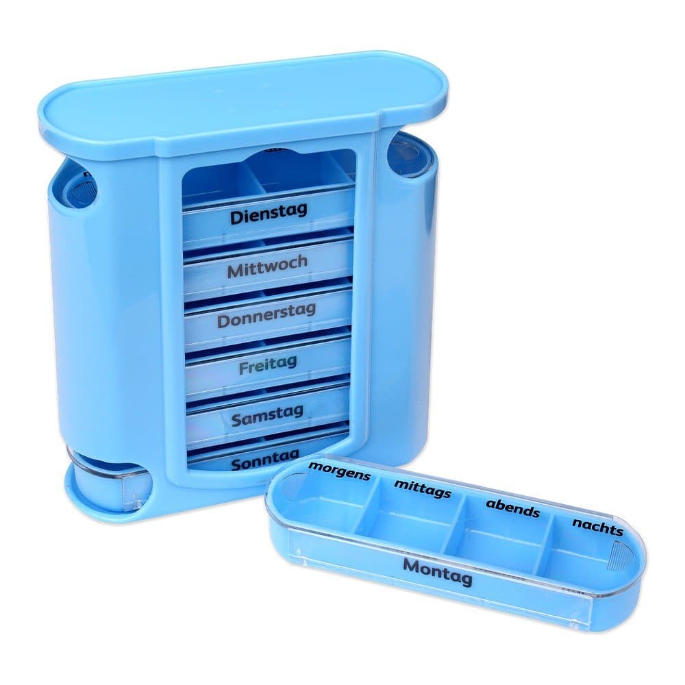 Schramm® Pill Box Blue with Blue Sliders 7 Days Pill Box Pill Box Pill Box Pill Box Pill Boxes Pill Box Weekly Dispenser