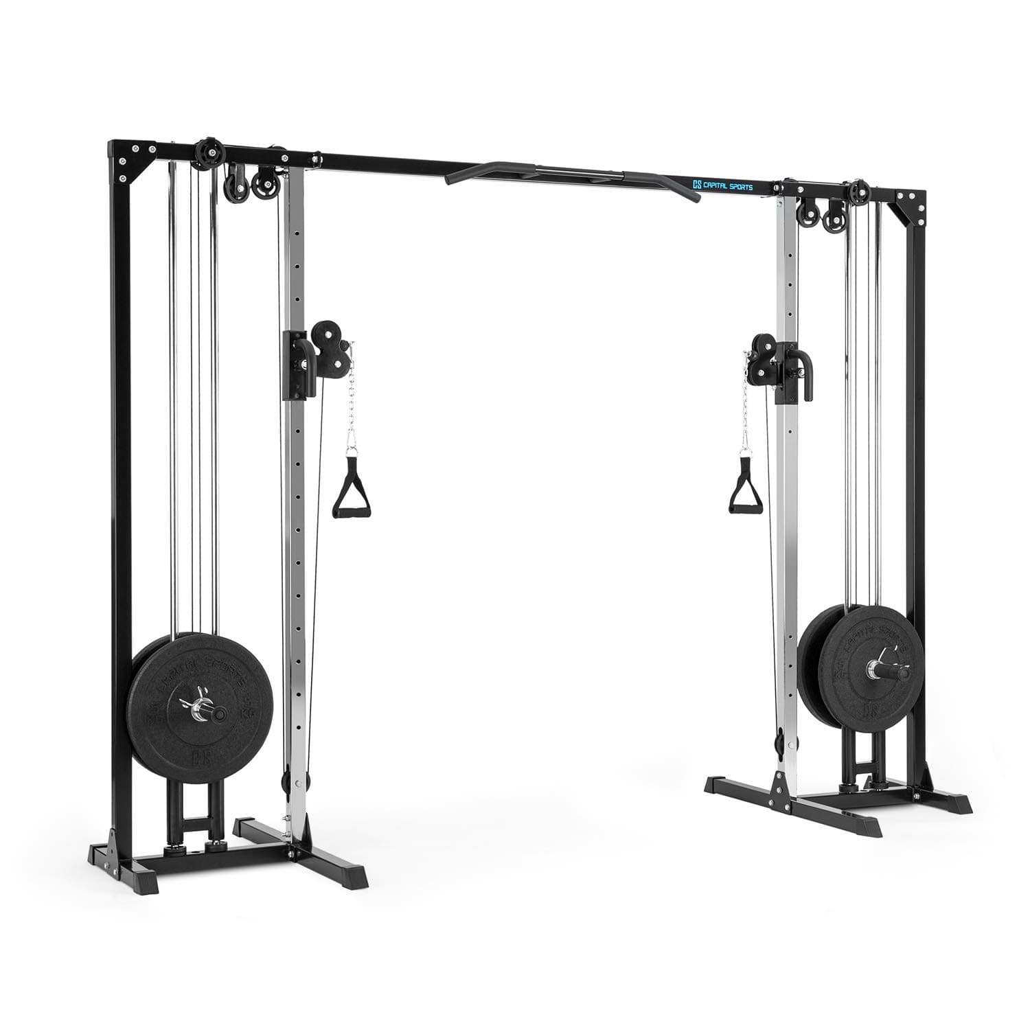 Capital Sports Cable Power - Cable Pull Bridge, Cable Pull Station, Steel Square Tube, 30/50 mm Opening, 16-Level Height-Adjustable, 180 ° Rotating Cable, Integrated Pull-Up Bar, Black