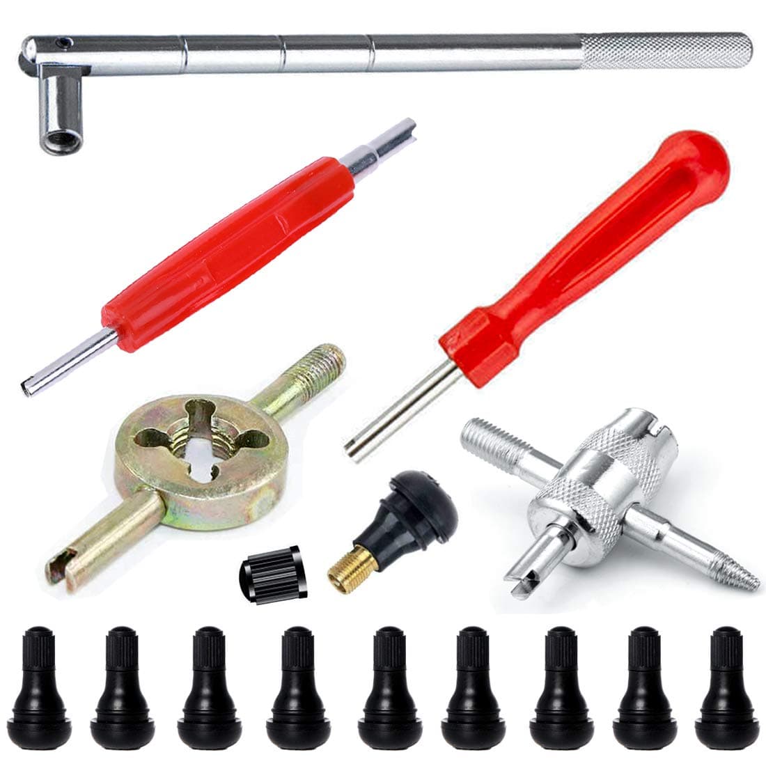 QISF Tyre Valve Stem Puller Tools with 10 Pcs TR412 Snap-in Valve Stems with Valve Stem Cores/1Pcs 4-Way Valve Tool/2Pcs Dual & Single Head Valve Core Remover/1Pcs Valve Core Wrench