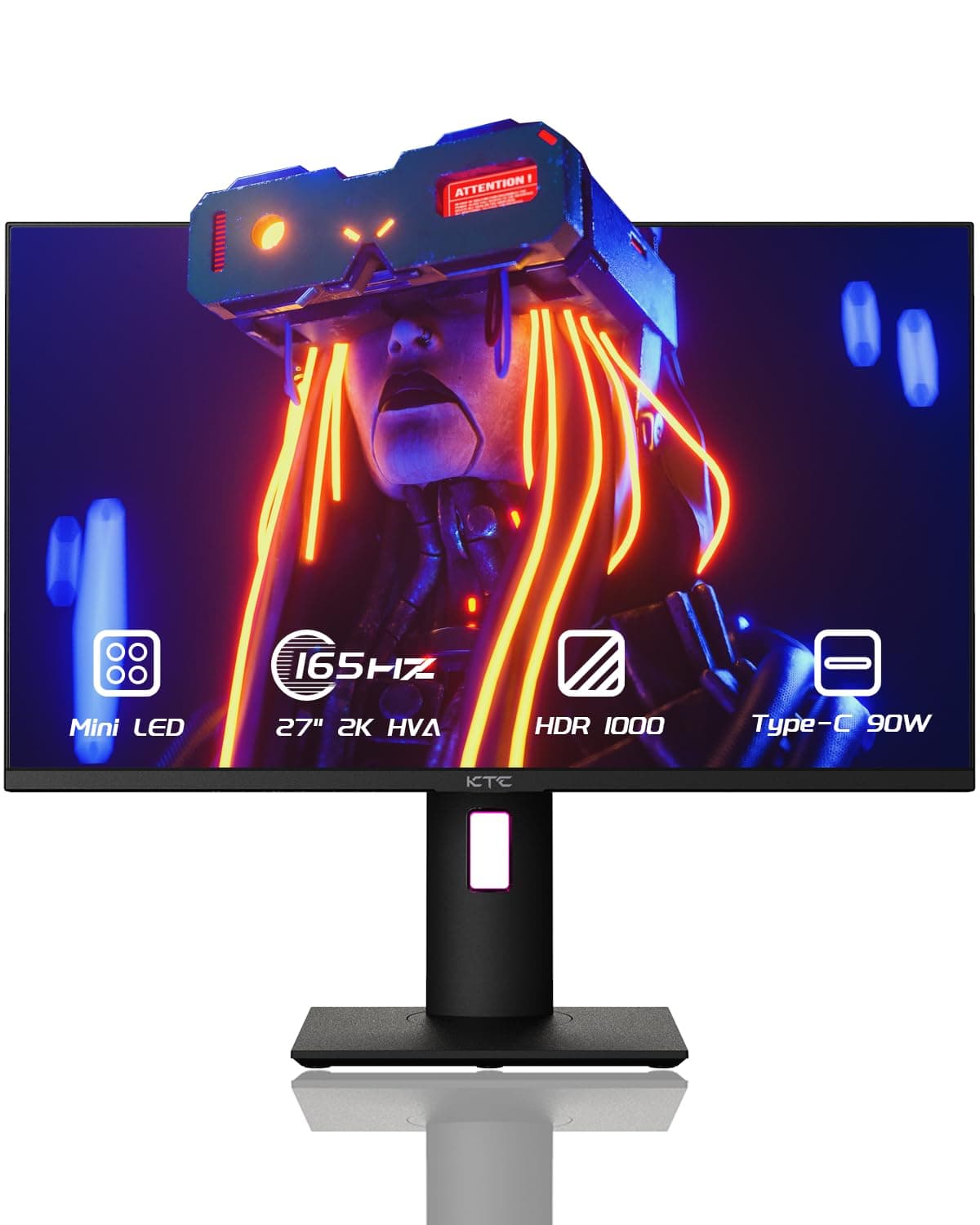 KTC 27 Inch Mini LED Monitor, 1440P 165Hz/144Hz Gaming Monitor, HDR1000, Built-in Speakers, HDMI2.0, DP1.4, Type-C 90W, USB, KVM, Swivel/Height/Pivot/Tilt Adjustable, Mountable, 2K PC Monitor