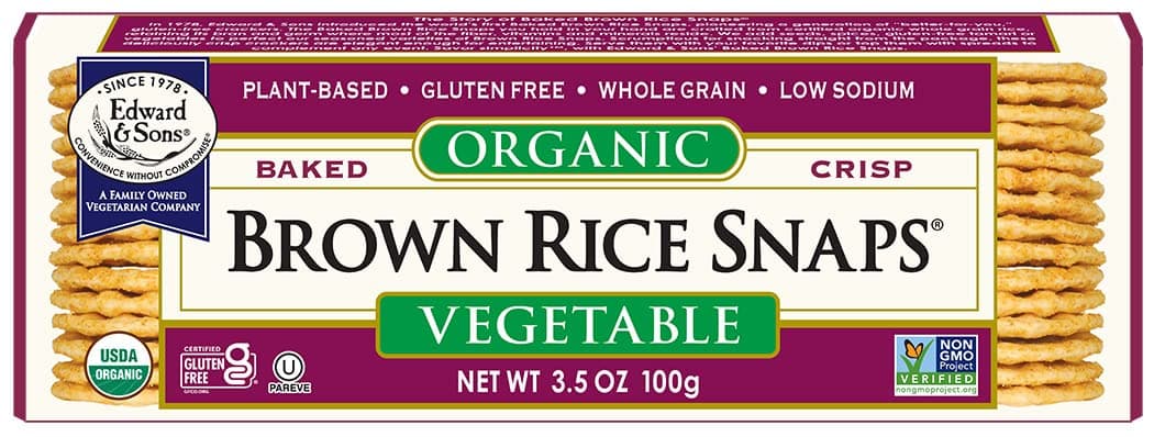 Edward & Sons Organic Vegetable Brown Rice Snaps - Oven Baked, Whole Grain, Gluten Free, No Added Oils, Low Fat, Sodium Free, Non-GMO Project Verified, USDA Organic - 3.5 Oz (Pack of 12)