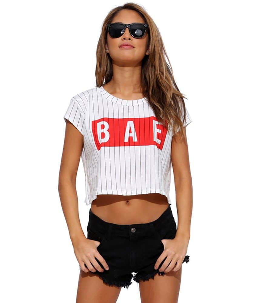 FV RELAY Women's BAE Short Sleeve O-Neck Sexy Striped Crop Top Loose Tee Shirts (L) White