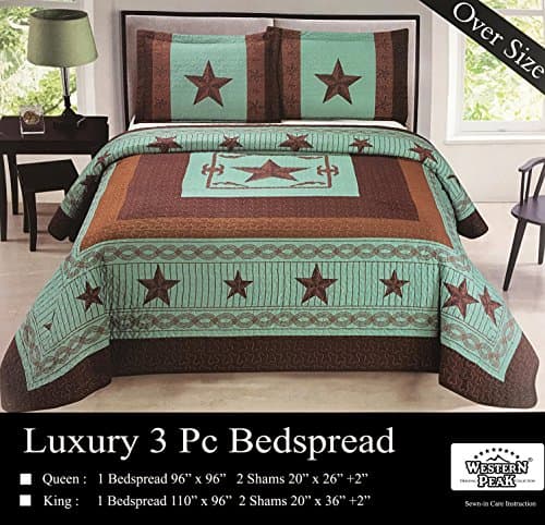 Western Peak 3 Piece Western Texas Lone Star Cabin Lodge Barb Wire Luxury Quilt Bedspread Coverlet Comforter Turquoise Brown Set (New Oversize Queen)