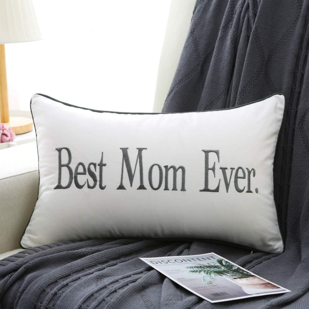 Sanmetex Mom Gifts from Son, Daughter - Best Mom Ever Lumbar Pillow Cover, 12x20 Inch, Embroidered, Ivory